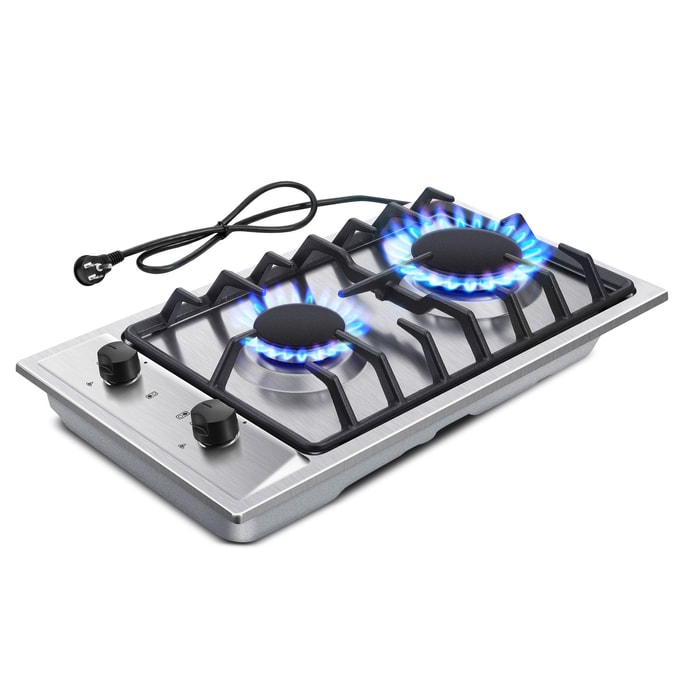 Eascookchef 12 Inch 2 Burners Bulit-in Gas Cooktop NG/LPG Convertible Brushed Stainless Steel