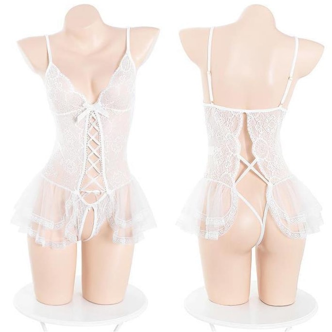 New Sexy lingerie romantic lace open crotch buttocks jumpsuit one size white