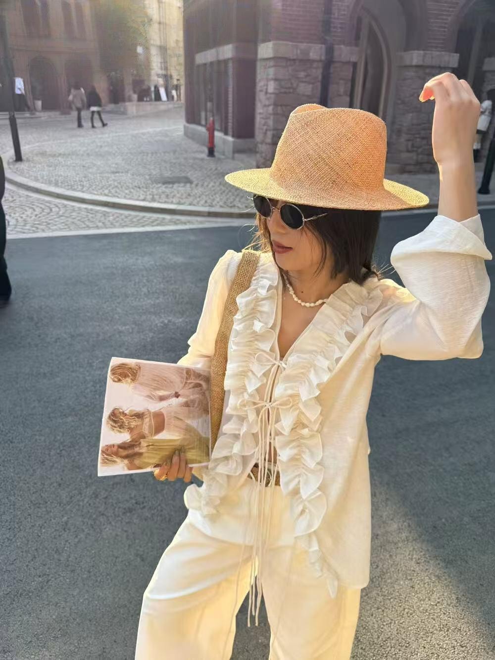 【加拿大直邮】 加拿大 SCENARIO 奶油白荷叶边系带上衣 米白色 S-M码 米白色 S