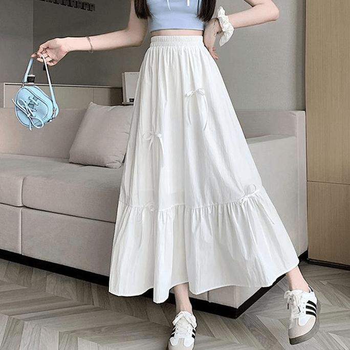 Chinese Style Summer Bow Splicing High Waist Skirts for Women White S