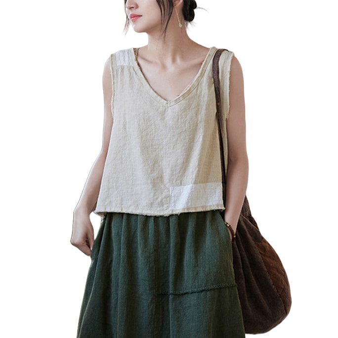 Chinese Style Ramie Retro V-neck Casual Tank Top For Women Hemp Onesize