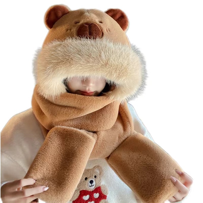 【中國直郵】 FOXTAIL 卡皮巴拉帽子圍巾手套三件套 冬季防風保暖 毛絨帽子 3in1-卡皮紅棕1件*|預計到達時間3-4週