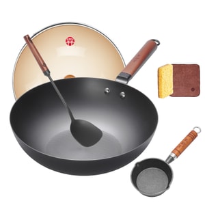 王源吉 ⭐信手拈来⭐ 云烟精铁+锅铲+泼油小锅 平底锅 健康无涂层 持久不锈 不挑炉灶 32cm