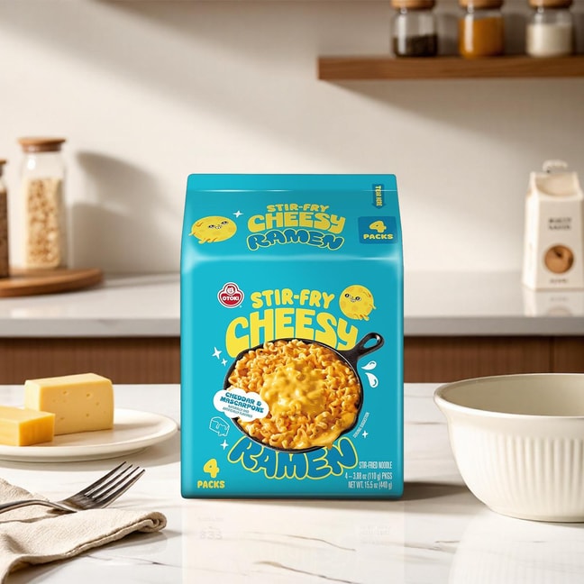 Cheesy Ramen , Cheddar & Mascarpone Flavor , Creamy & Savory Stir-Fry Korean Instant Noodles ,3.88oz*4 Packs