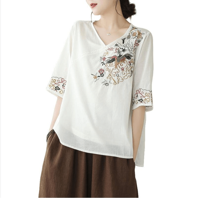 Chinese Style Vintage Embroidered V Neck Half Sleeves T Shirt Tops White XL