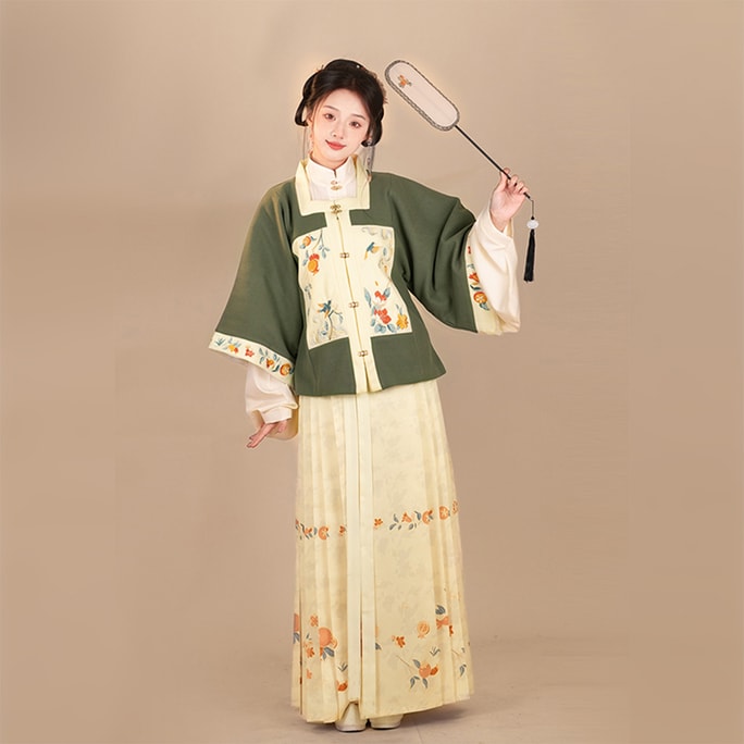 New Ming Style Printed Horse Face Skirt With Standing Collar And Embroidered Hanfu Set Pine Green L