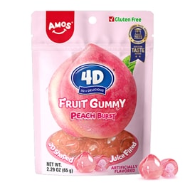 Amos 4D Gummy Fruit Filled Candy Fruit Snacks Peach Flavor Soft and Chewy Gluten Free 2.29Oz Per Bag