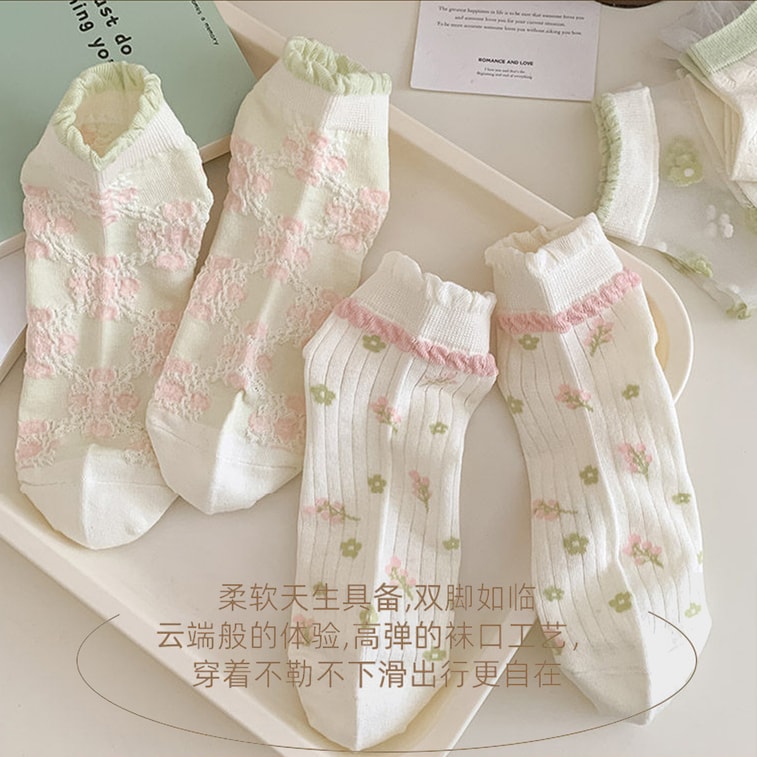 Sheer Mesh Boat Socks Fresh Floral Lightweight Breathable Short Cotton Socks For Women 5 Pairs Set F 1 Set 7