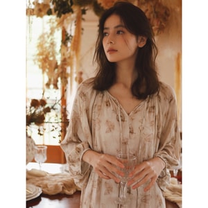 New Elegant Temperament Printed Backless Long Sleeved Home Wear Nightgown Mengdie F