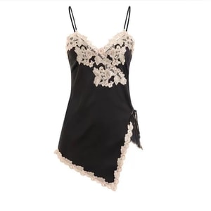 Feimu フレンチアイスシルク サスペンダーナイトガウン パジャマ レース サテン セクシー ランジェリー ドレス パンティー付き ブラック ワンサイズ