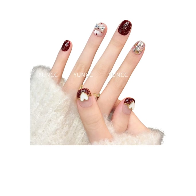 【中國直郵】 雲皙 純手工美甲高級感成品貓眼短指甲貼片漿果愛心XS10片*1盒