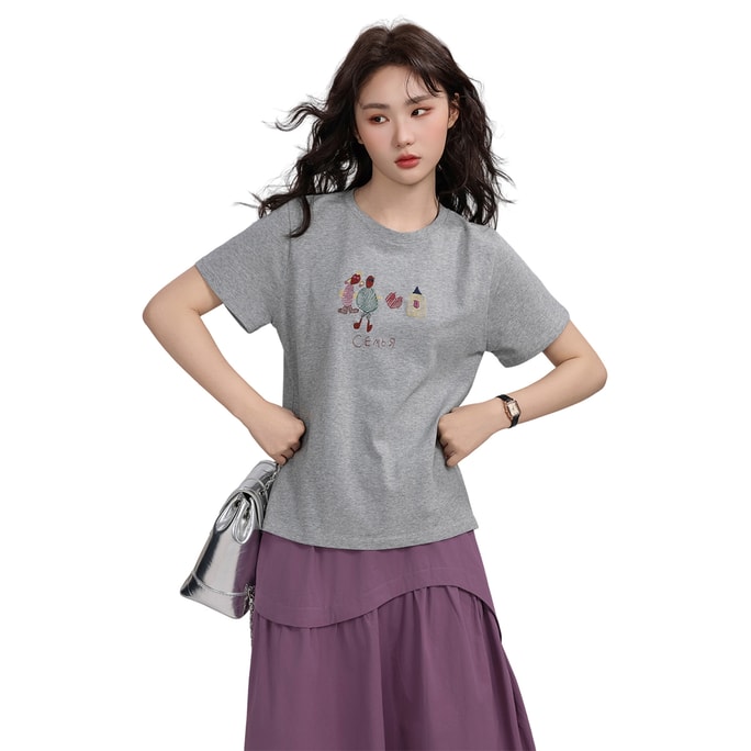 New Fashionable Versatile Cartoon Character Embroidered Short Sleeved T-shirt Flower Grey F