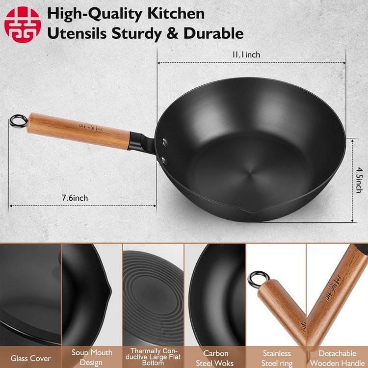 WANGYUANJI WANGYUANJI Chinese Handmade Cast Iron Wok 13-inch Nonstick Flat  Bottom Stir Fry Pan For All Stoves 34cm 