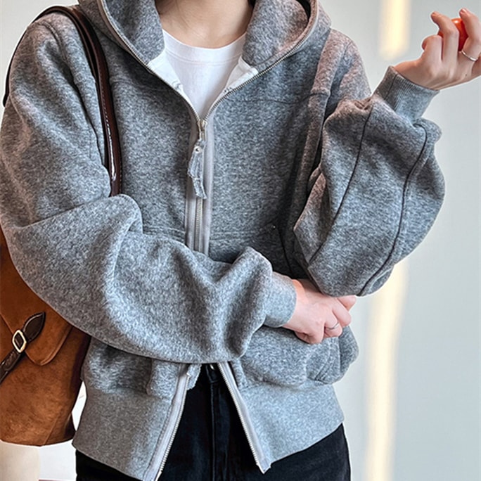 Thick And Flannel Double Zipper Knitted Hooded Sweatshirt In Grey M