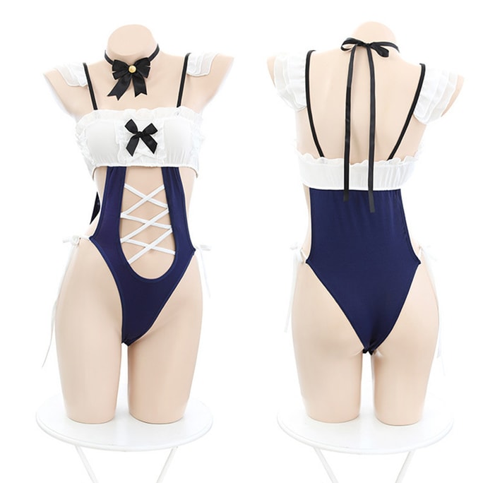 Sexy Underwear Lace Up Jumpsuit Cute Girl Suit White and Blue One Size