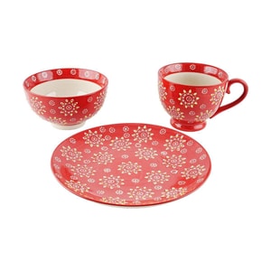 陶瓷餐具組 盤子碗馬克杯3件組 紅色印花