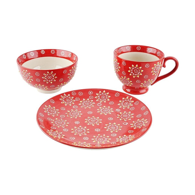 陶瓷餐具組 盤子碗馬克杯3件組 紅色印花