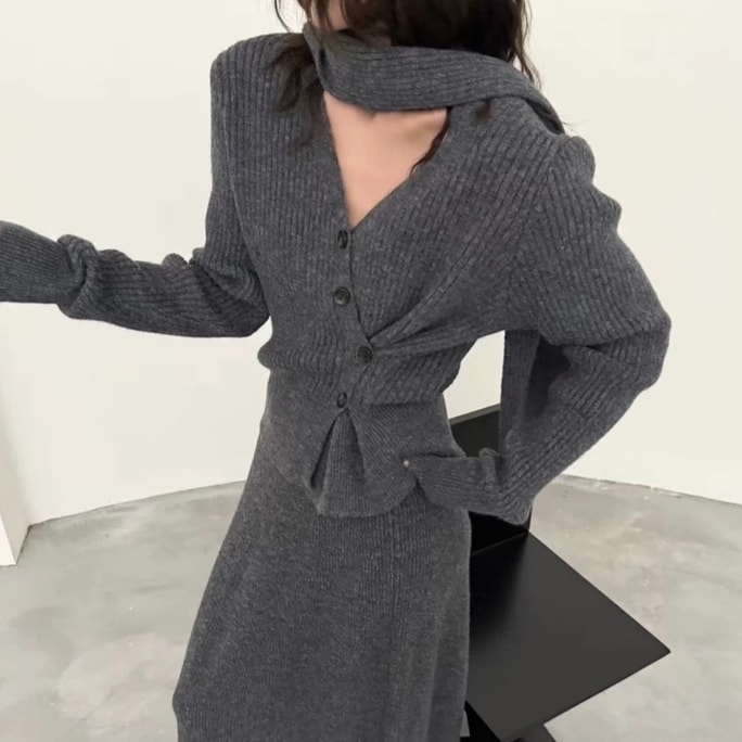 【加拿大直郵】 加拿大 SCENARIO 韓系 羊毛混紡 針織收腰三件套裝 均碼 三色 灰色 均碼