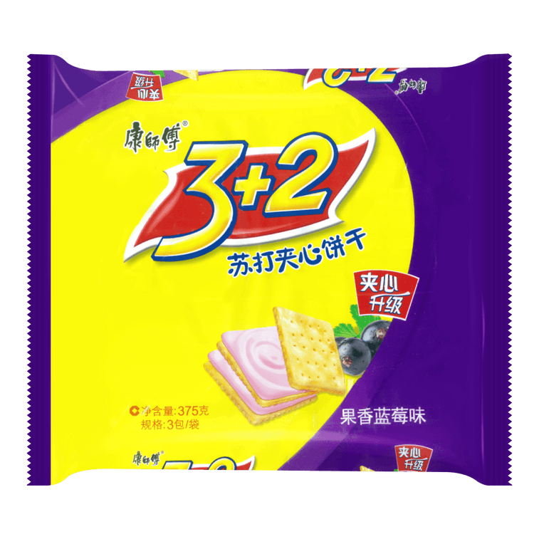 康师傅 3+2苏打夹心饼干 果香蓝莓味 三连包 375g 3