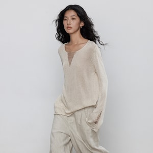V-neck Long Sleeve Stylish Knitted Sweater Loose Old Money Style Women's Top T-shirt Natural linen color 1 Piece