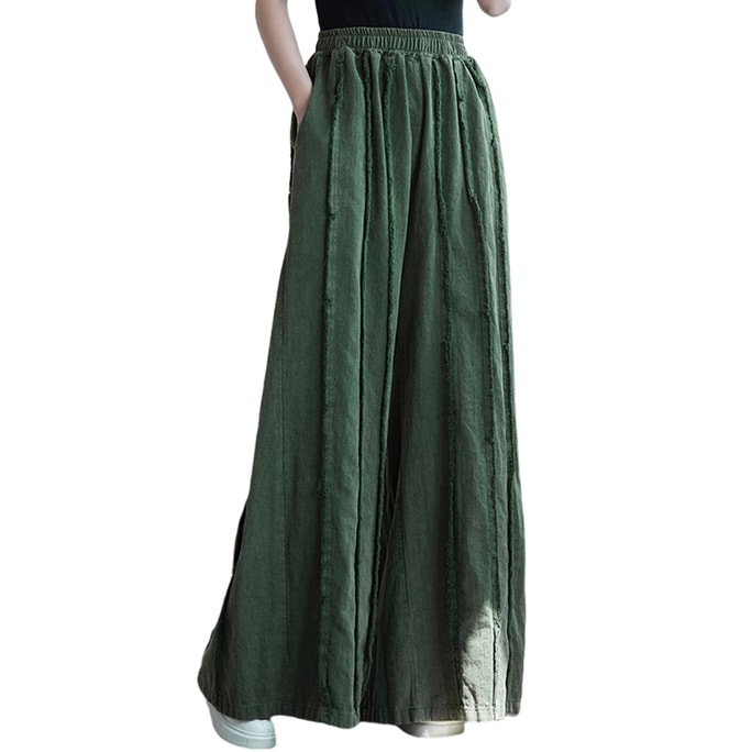 Chinese Style Retro Splicing Cotton Flax Wide Leg Pants For Women White Onesize