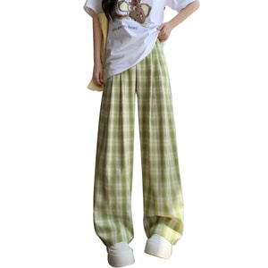 New High Waisted Lazy Loose Slimming Straight Leg Pants Green Grid Pattern M