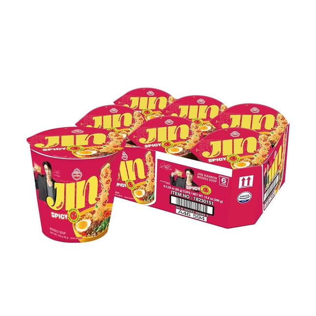진라면 - 한국식 인스턴트 컵라면, 매운맛, 2.29oz*6팩【밸류팩】【방탄소년단 진】【아미】