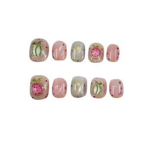 【 Watermelon Sweet Wrap 】 This Summer Atmosphere seaside Pure Handmade Fair and cute style Wearable Nail (Short style) S size 1 set (Comes with a four-piece nail art set + Kraft Paper Jelly Glue)