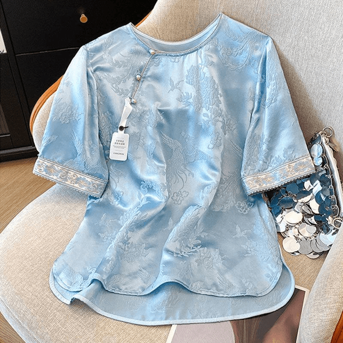 【中國直郵】 ASIS 風提花刺繡短袖上衣T卹 XL