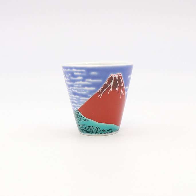 Kutani Ware Handmade Cup (Red Mt. Fuji 2.16"x 2.08") Made In Japan