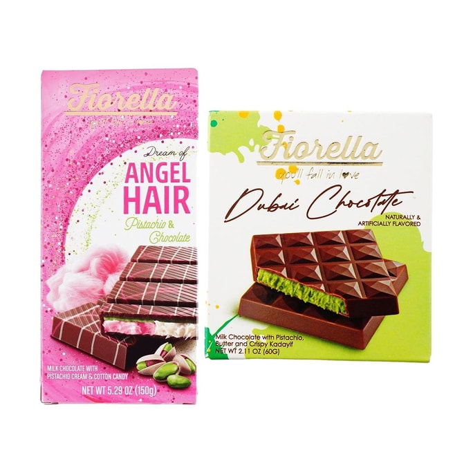 Dubai Chocolate with Pistachio&Kadayif 2.11oz+Angel Hair Chocolate With Pistachio Cotton Candy 5.29oz【2 Combo Packs】