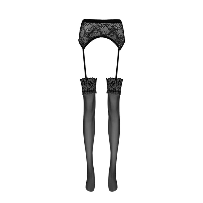 【中國直郵】 綾Lingerie 新品「春澀」8D山茶花刺繡高腰一體吊帶絲襪 均碼-「155cm~178cm」黑色 1雙