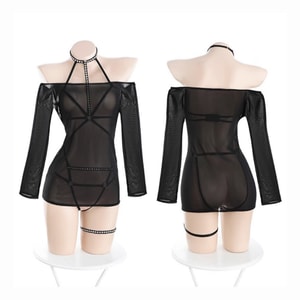 Bella’s Fantasy Sexy Hollow Out Mesh See Through Stretchy Two-piece Bodysuit Black SIZE L