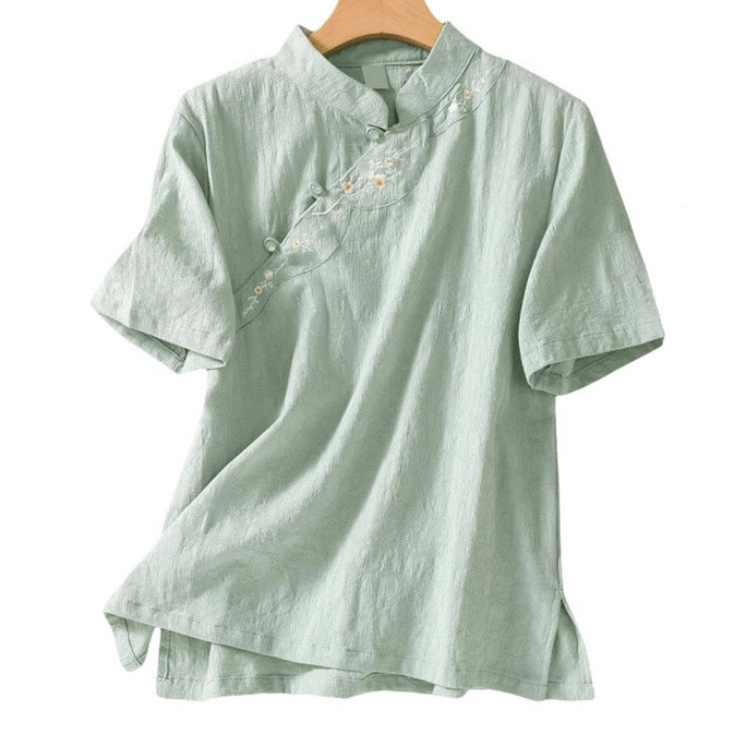 Chinese Style Women Vintage Stand Collar Short Sleeve Embroidered T Shirt Green M