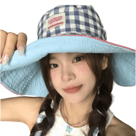 Summer Outdoor Outing Plaid Fisherman's Hat Foldable Double Side Wear Blue Head Circumference (54-58cm) 1pc