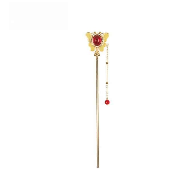 Treasure Inlaid Gilded Hairpin - Butterfly Pendant Hairpin Chinese Headpiece 165mm