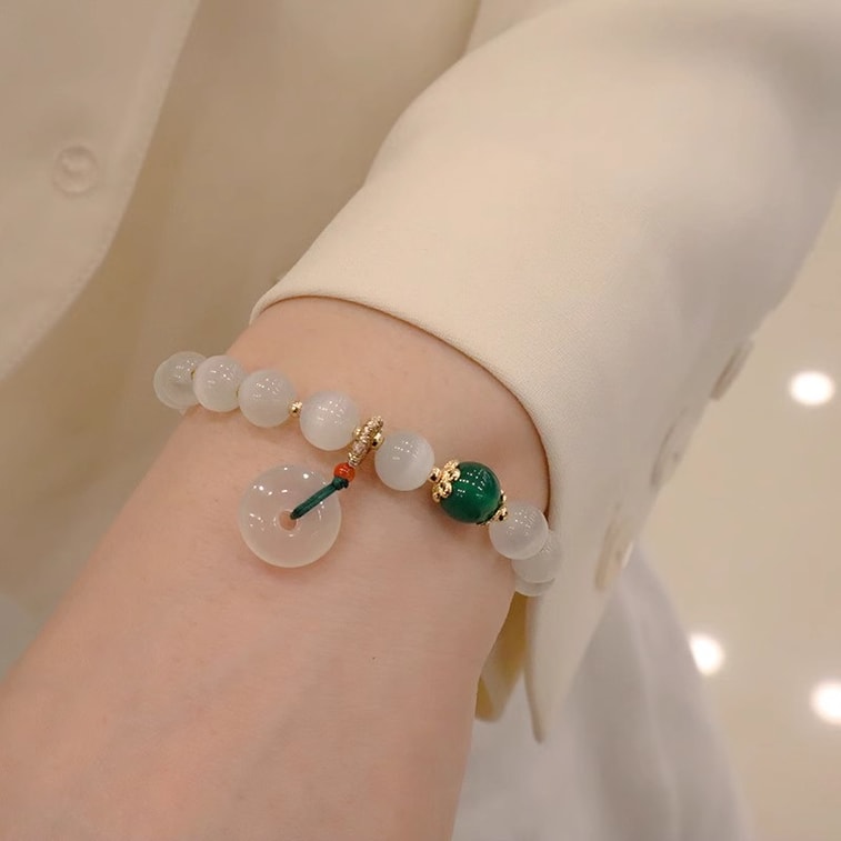 [保護と平和のお守り] 新疆キャッツアイストーン安全バックルブレスレット、新しい中国風ブレスレット、天然水晶、8mm、保護と平和のお守り、ユニセックスの縁起の良いジュエリー 5