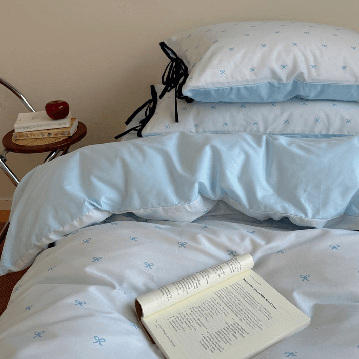 [중국 직배송] 럴러바이 스위트송 체리 보우 순면 침구 세트 (3피스) - 블루 - 트윈