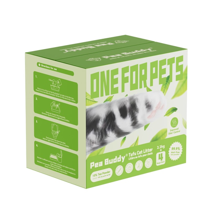 [북미 직배송] One for Pets Pea Buddy 천연 완두콩 두부 고양이 모래, 10% 차잎, 10kg (2.2kg*4개) [최고급 고양이 모래] [새롭게 업그레이드된 천연 냄새 제거]