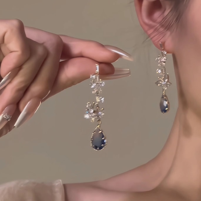 New High-End Zircon Blue Water Droplet Butterfly Earrings Butterfly Tears S925 Silver Needle F