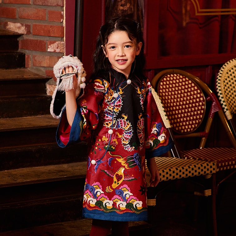 【中国直邮】年衣董璇同款女童花龙百变旗袍裙冬新款中式宝宝国风礼服加绒 年衣红 110CM 4