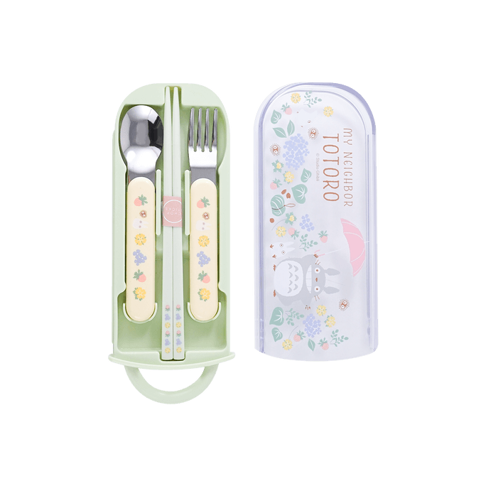 My Neighbor Totoro Anime Utensil Set  Trio Cutlery Kit Portable Fork Spoon Chopsticks in Case Green