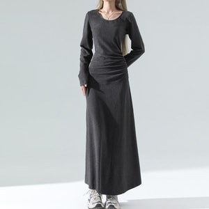 French Style Elegant Long-Sleeve Midi Dress with Waist Cinch, Dark Grey, M