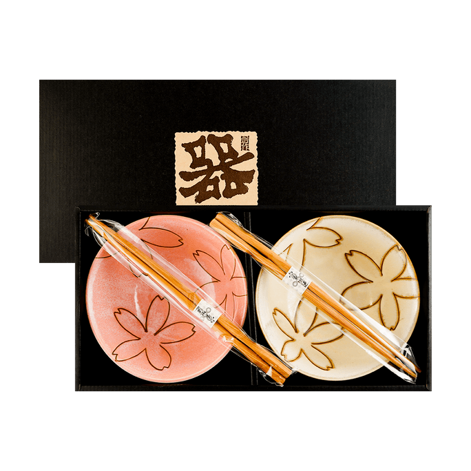 Japan Cute Sakura Rice Bowl Chopsticks Set 4pcs (2pcs Bowls 6”D x 2.75”H and 2pairs Chopsticks) BH56-WR