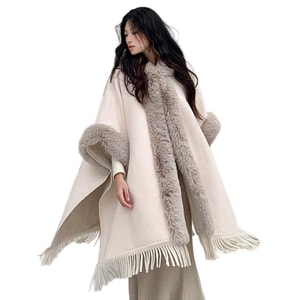 Plush Cape Coat Shawl for Women Winter Premium Thickened Warm Fur Collar New Chinese Style National Wind Wool Fringe Outerwear 1 Piece