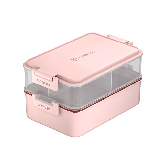 【美國直郵】Linoroso可微波雙層便當盒成人午餐盒500ml 帶醬料杯勺子和叉子 粉色 一件包郵