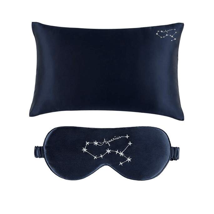 Zhenju Manito Stellar (Aquarius - Deep Sea Blue) Zodiac Mulberry Silk Embroidered Eye Mask Pillowcase, 1 piece