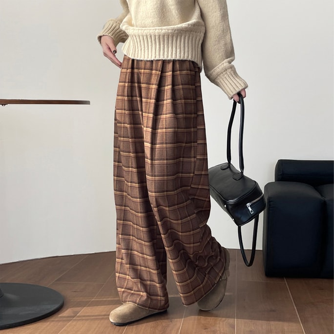Must-Have For Autumn And Winter: Brushed Elastic Waistband Loose Fit Wide Leg Casual Pants Coffee Yellow Plaid M
