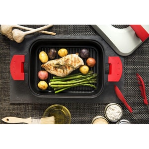 日本UCHICOOK 双耳方形烤盘 蒸烤焗锅 户外便携锅具牛排盘  带铁锅盖 红把手 日本制造