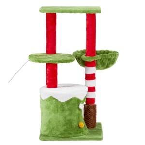 Green+Red and White Cat House+Cat hammock 2-story platform MDF+Plush cloth+Rubber grab post Cat climbing frame 32 inches